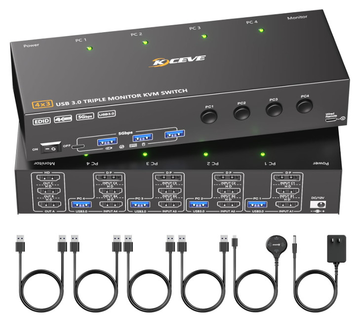 KVM Switch 3 Monitors 4 Computers 4K@60Hz,EDID Simulation,HDMI Displayport Tripl