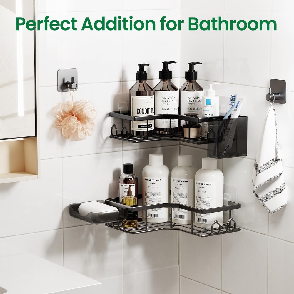 QHMCHLDZ Adhesive Shower Caddy, 2 Pack Corner Bath Organizer, 2 Pack, Black