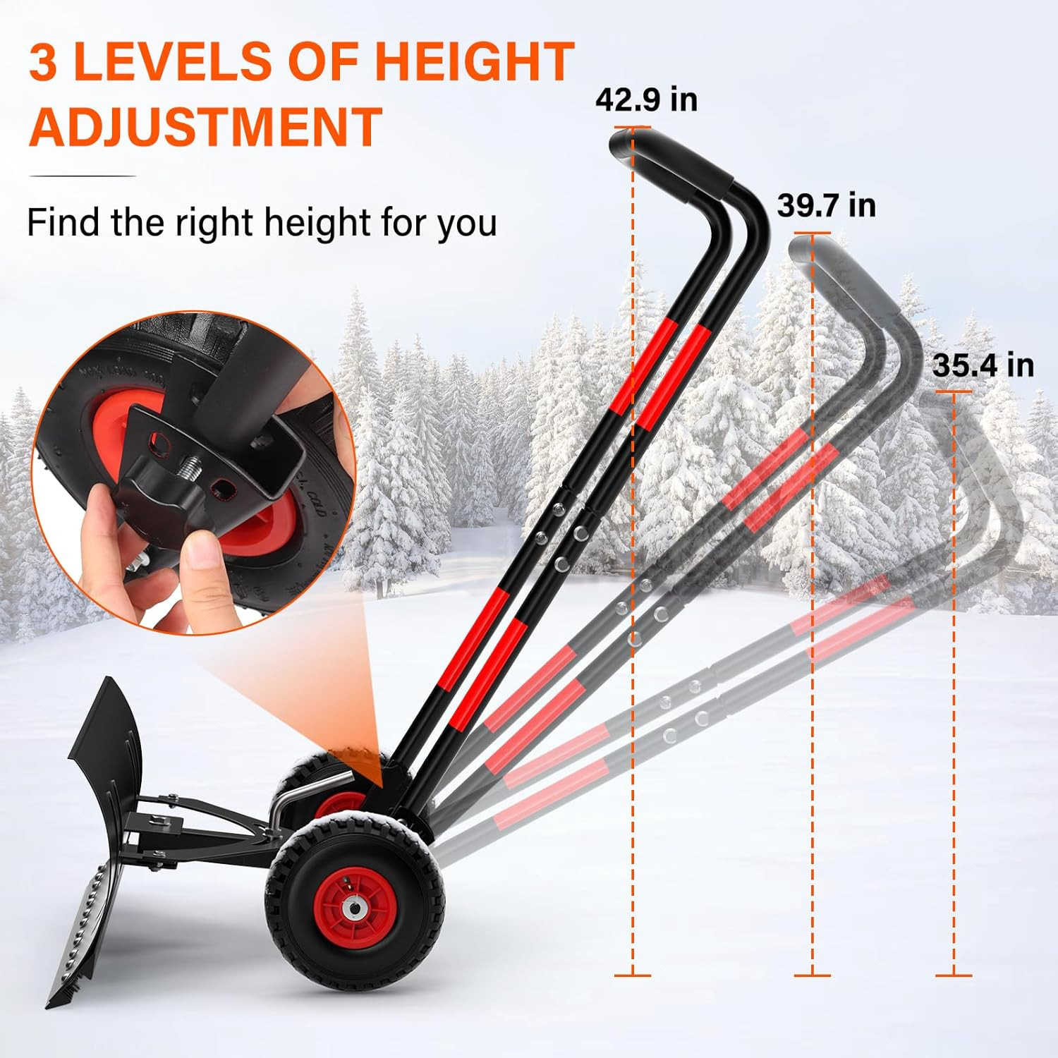 Snow Shovel with Wheels,Heavy Duty Steel Snow Shovel Pusher for Driveways,Sidewa