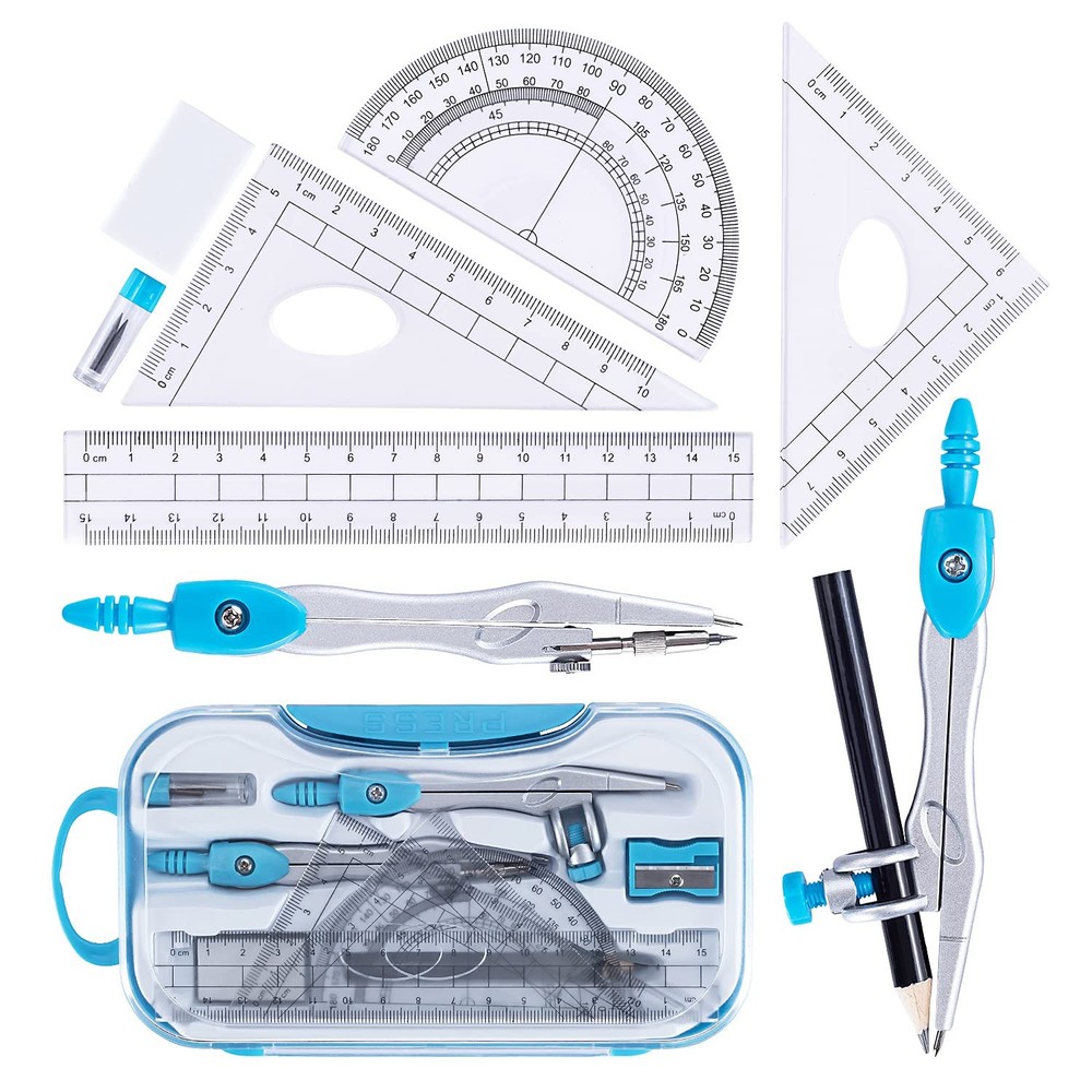 Math Geometry Kit Set 10 Pieces with Shatterproof Storage Box, Student Blue