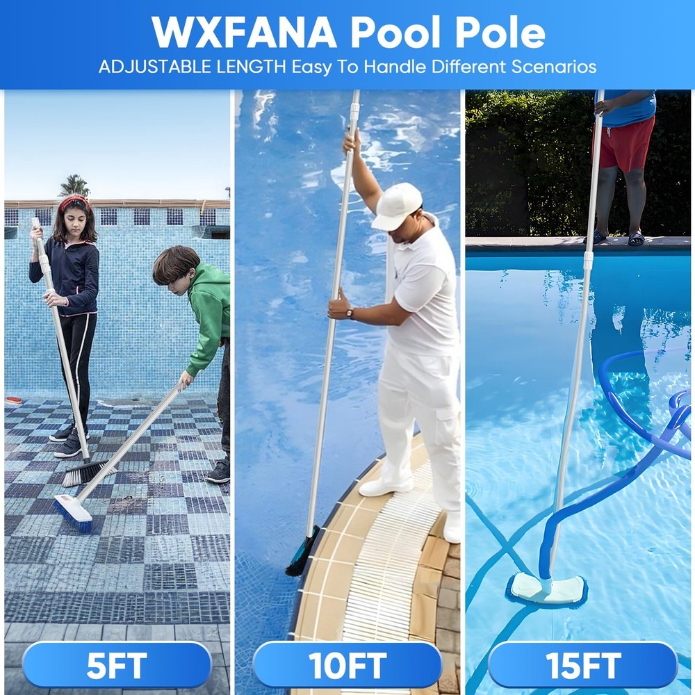 15FT Telescopic Pool Pole, Pool Skimmer Pole Heavy Duty, Adjustable 3 Piece E...