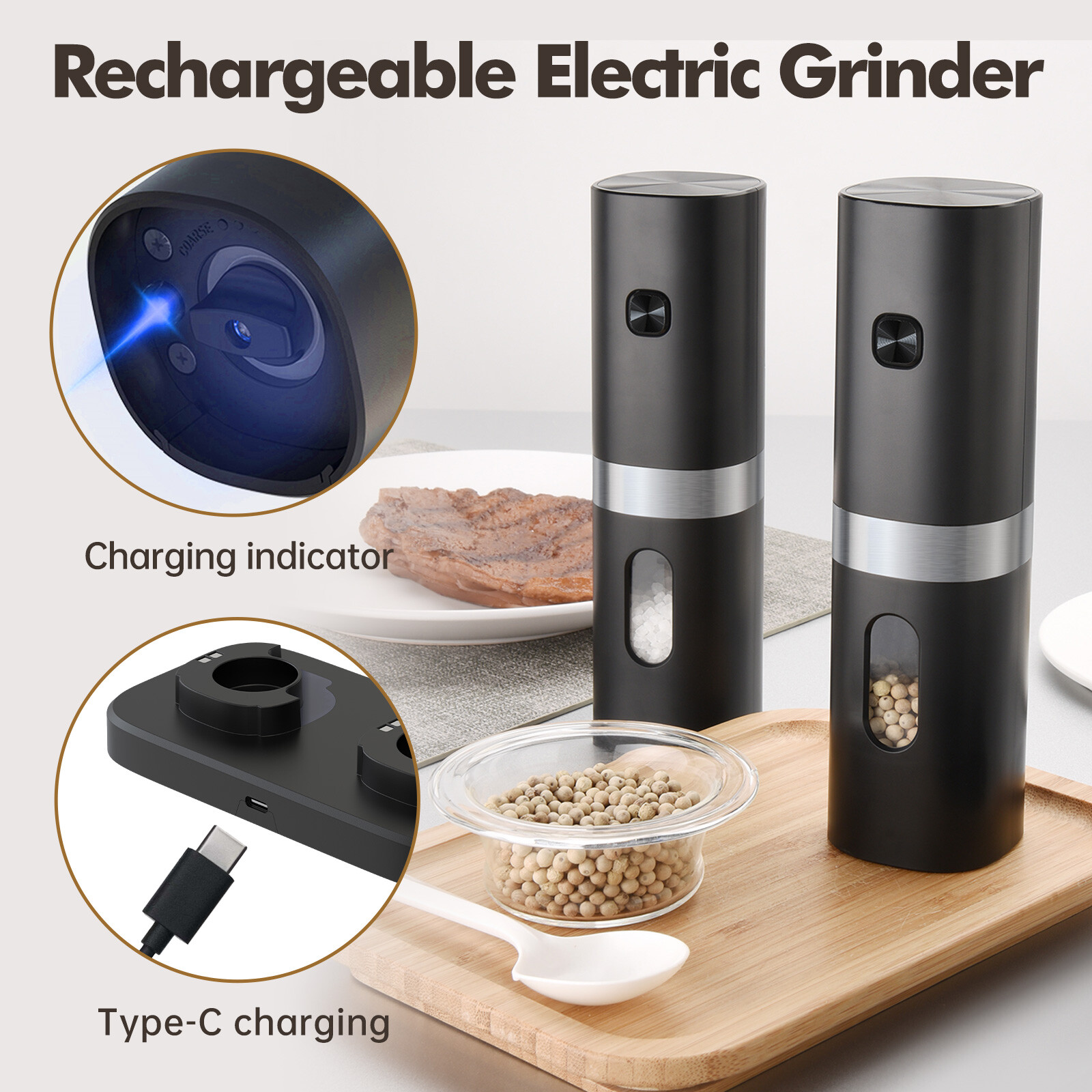 Electric Salt and Pepper Grinder Set with Rechargeable Base Mill-Adjustable