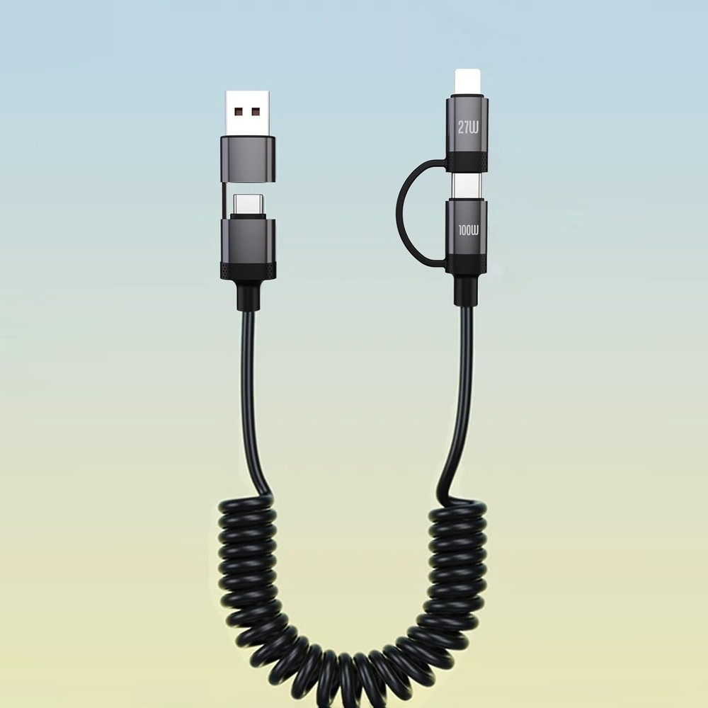 4 in 1 Charging Cable, Coiled USB C Cable 100W PD Fast Charging & Data Sync, 1.6