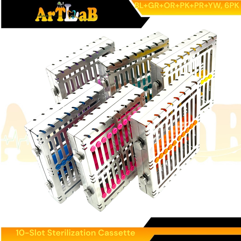 6 Count - Sterilization Cassettes for 10 Instruments, Detachable, 2-Button Lock