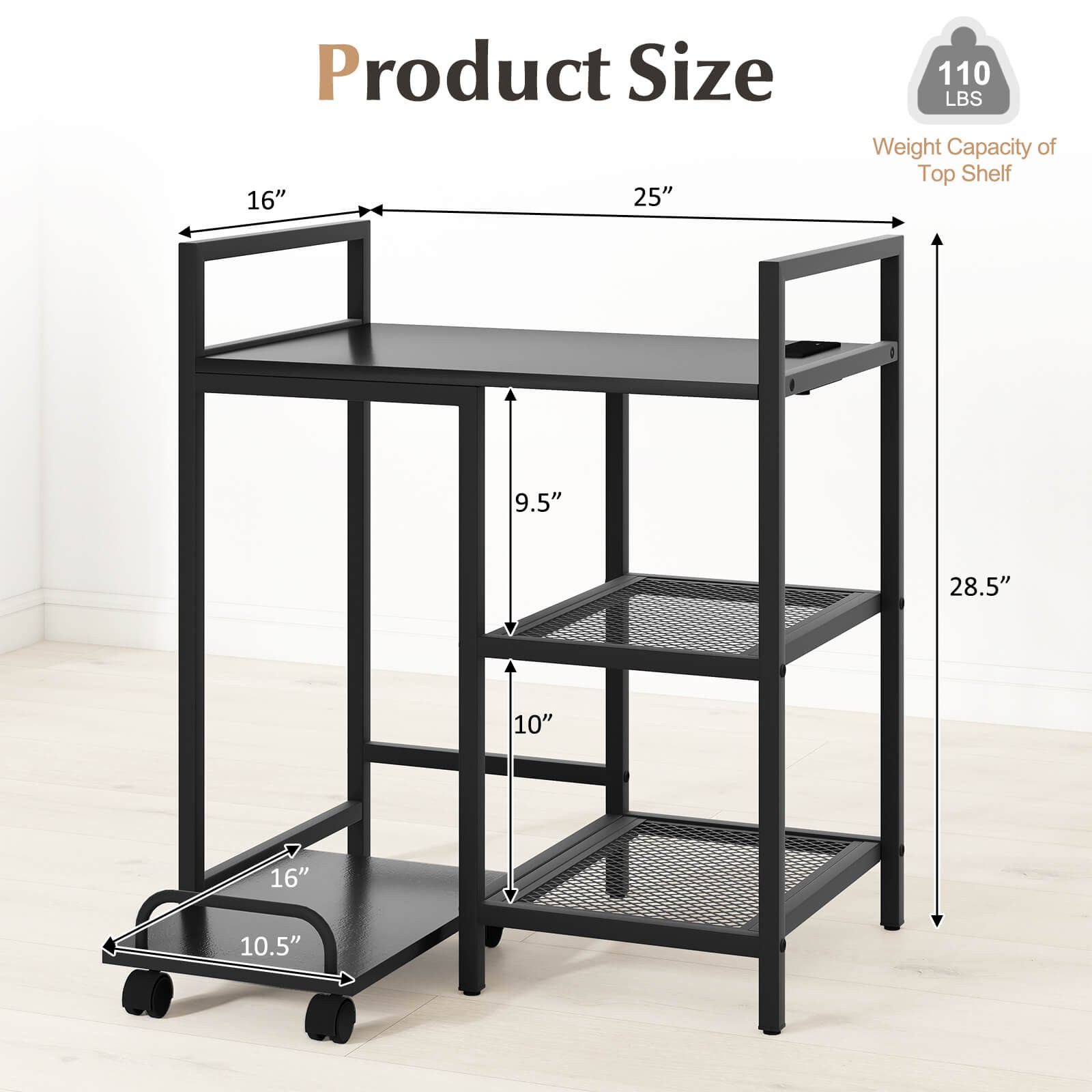 25” x 16” 3-Tier Printer Table with Storage Shelves, Wheels for Home Office