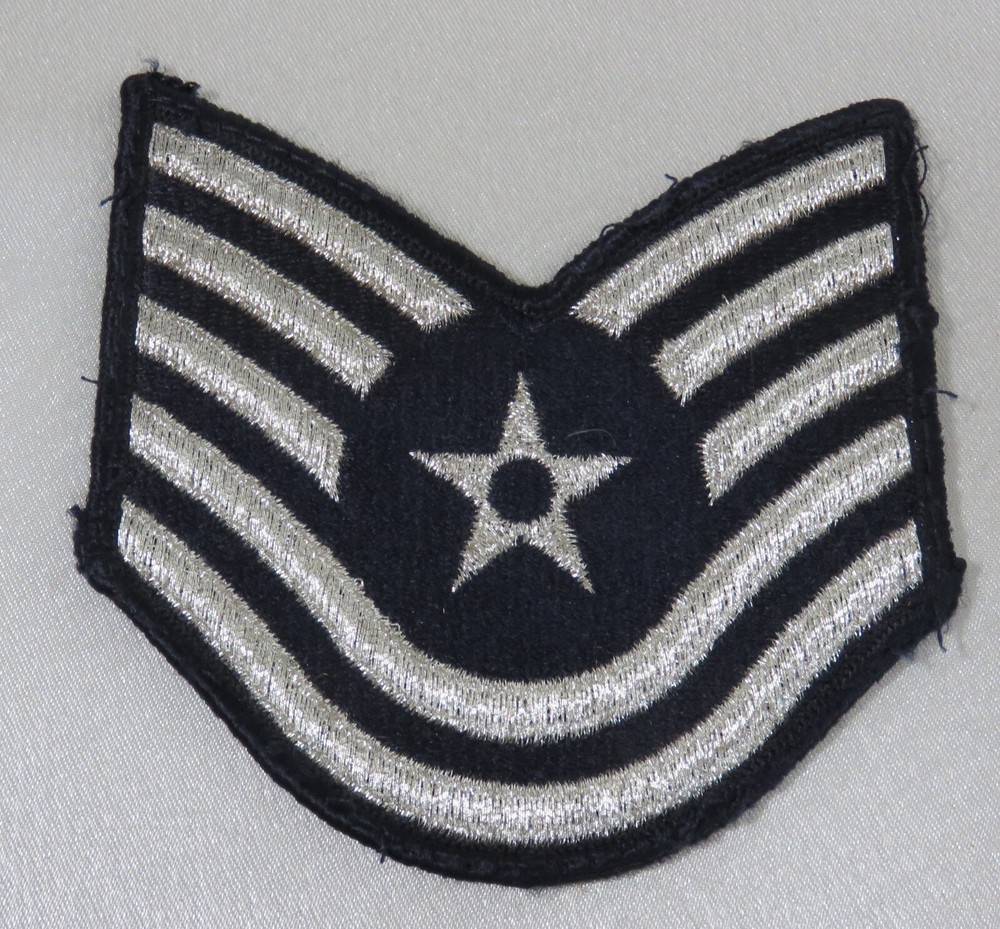 USA Air Force Technical Sergeant E - 6 Chevron Patch Silver on Blue Female
