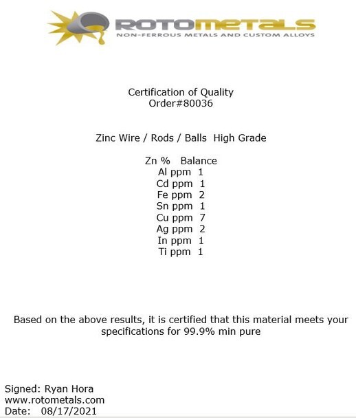 Zinc Wire 99.9% Pure.078 inch Diameter