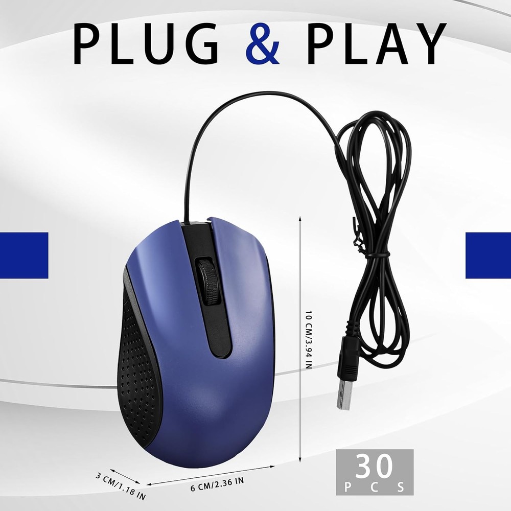 30 Pcs USB Wired Mouse Computer 3 Button Mice Bulk Corded for Blue