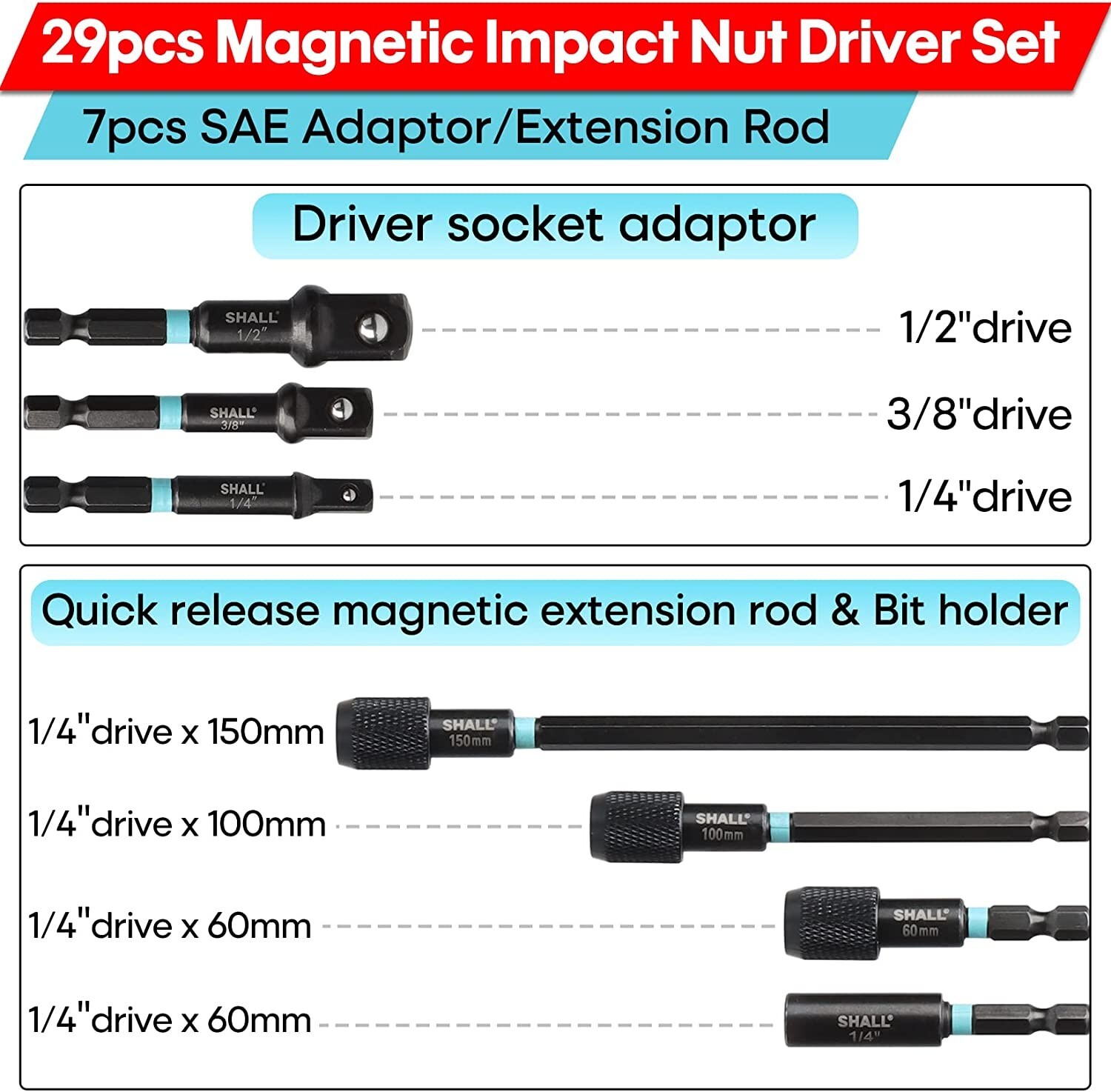 SHALL 29PC Magnetic Hex Nut Driver Set,1/4 " Shank SAE & Metric Power Drill Bit