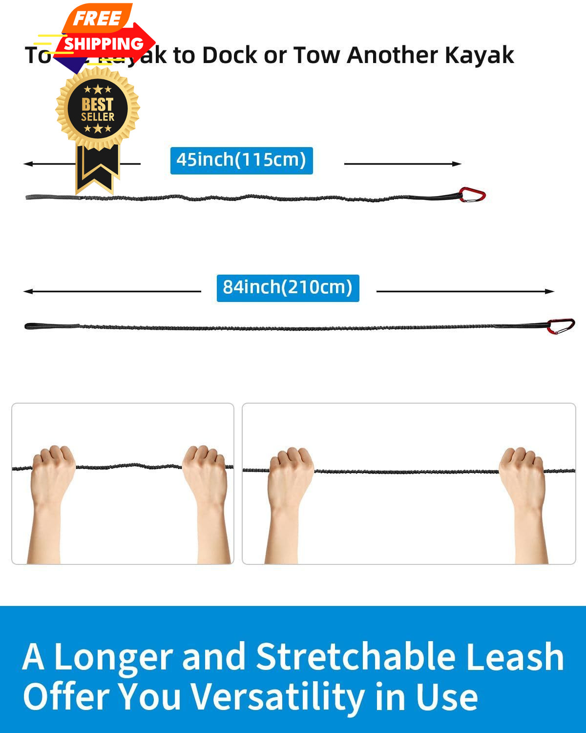 OCEANBROAD Kayak Paddle Leash with D-Ring Stretchable 4-7ft (2 pcs), Black