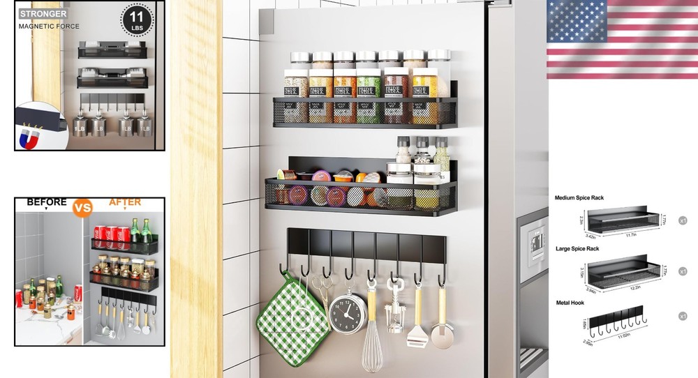 Multi-Use Magnetic Spice Rack with 8 Hooks - Perfect for Refrigerator Storage