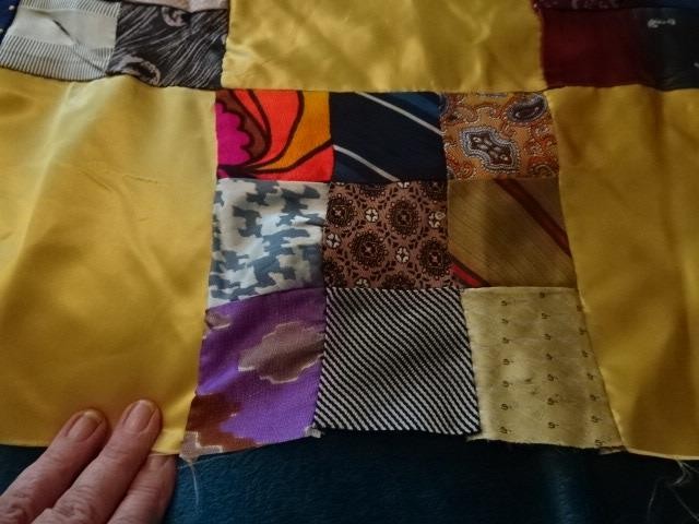 Vtg Handmade Quilt top-61" x 48" 9 patch blocks&silky gold solid-using men ties