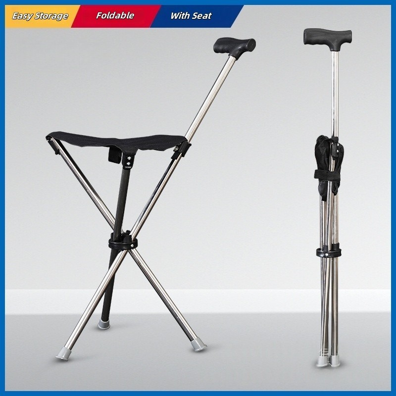 Folding Walking Cane with Seat Stool Comfortable Soft Handle for Elderly