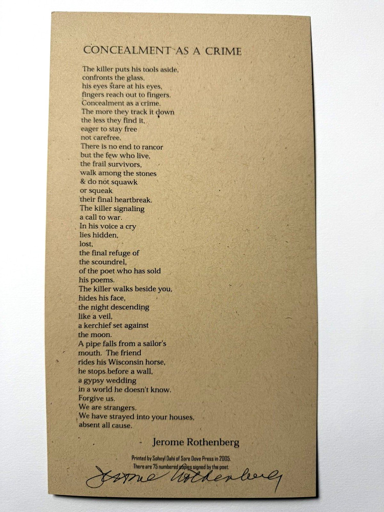 JEROME ROTHENBERG - SIGNED BROADSIDE, 2005, BEAT, KEROUAC, PERFORMANCE POETRY