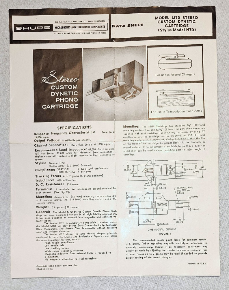 Shure M7D Stereo Custom Dynetic Phono Cartridge Data Sheet
