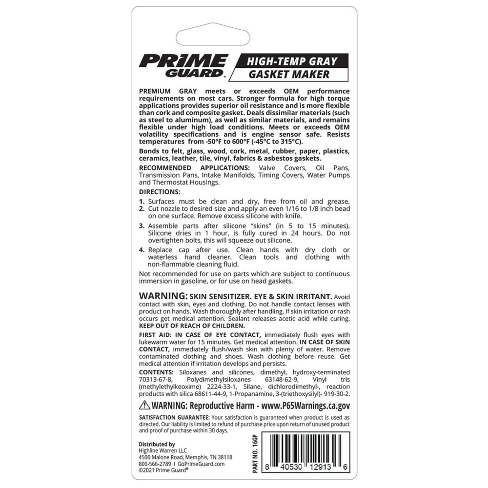 Prime Guard Premium High-Temp Gray Gasket Maker - 3.35 Ounce Sensor Safe