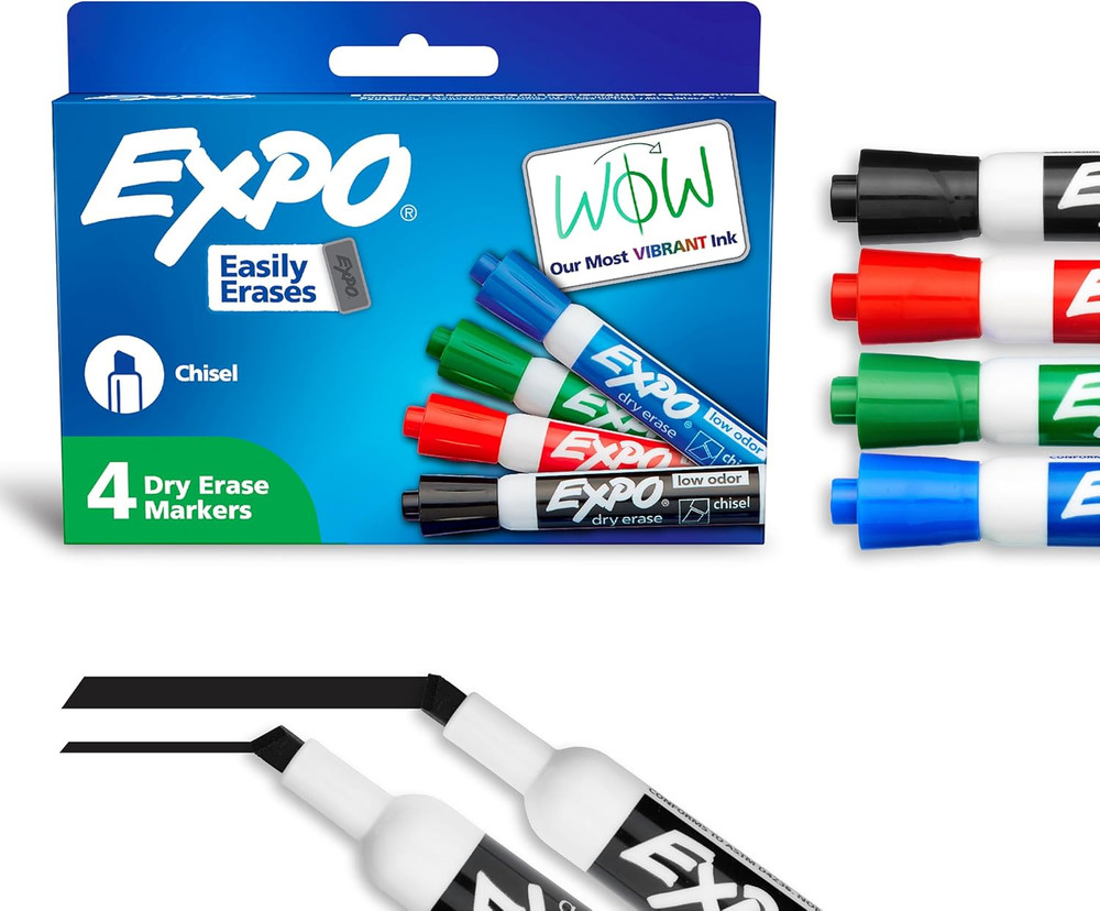 Dry Erase Markers, Low Odor Ink, Assorted Colors, Chisel Tip, 4 Count - Whiteboa