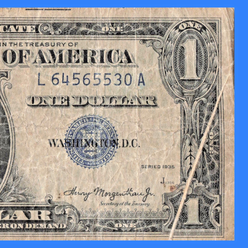 1935 $1 One Dollar Silver Certificate Double Date Gutter Fold Error, Circulated