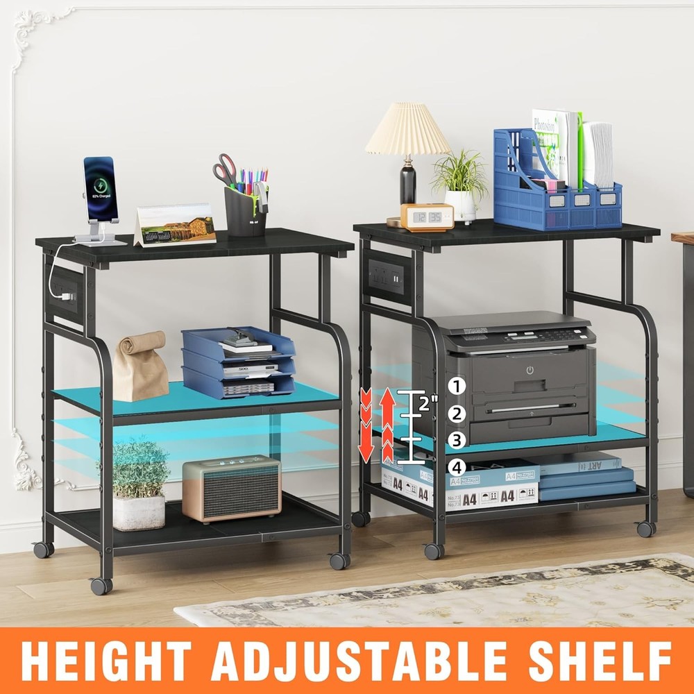 3 Tier Large Printer Stand W/ Power Outlet/Adjustable Storage Shelf Rolling Cart