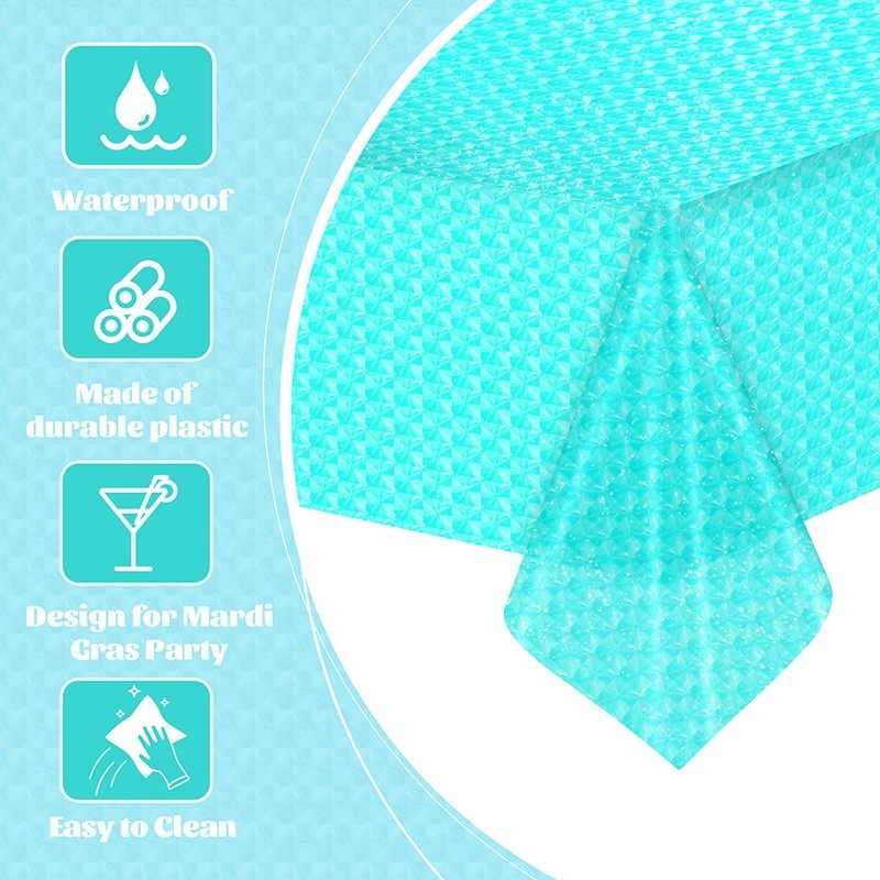 A sky-blue 3D checkered three-piece plastic tablecloth set