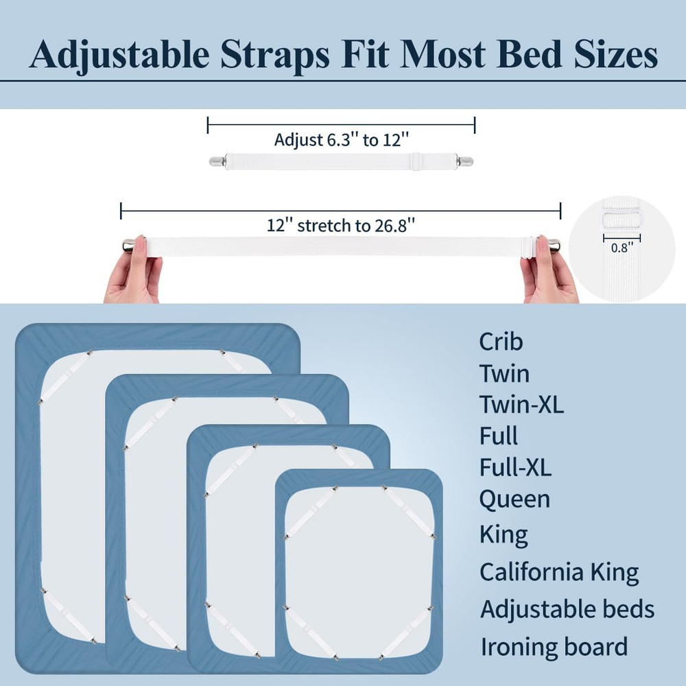 Bed Sheet Straps, Adjustable Elastic Fitted Sheet Corner Holders Straps to Stay