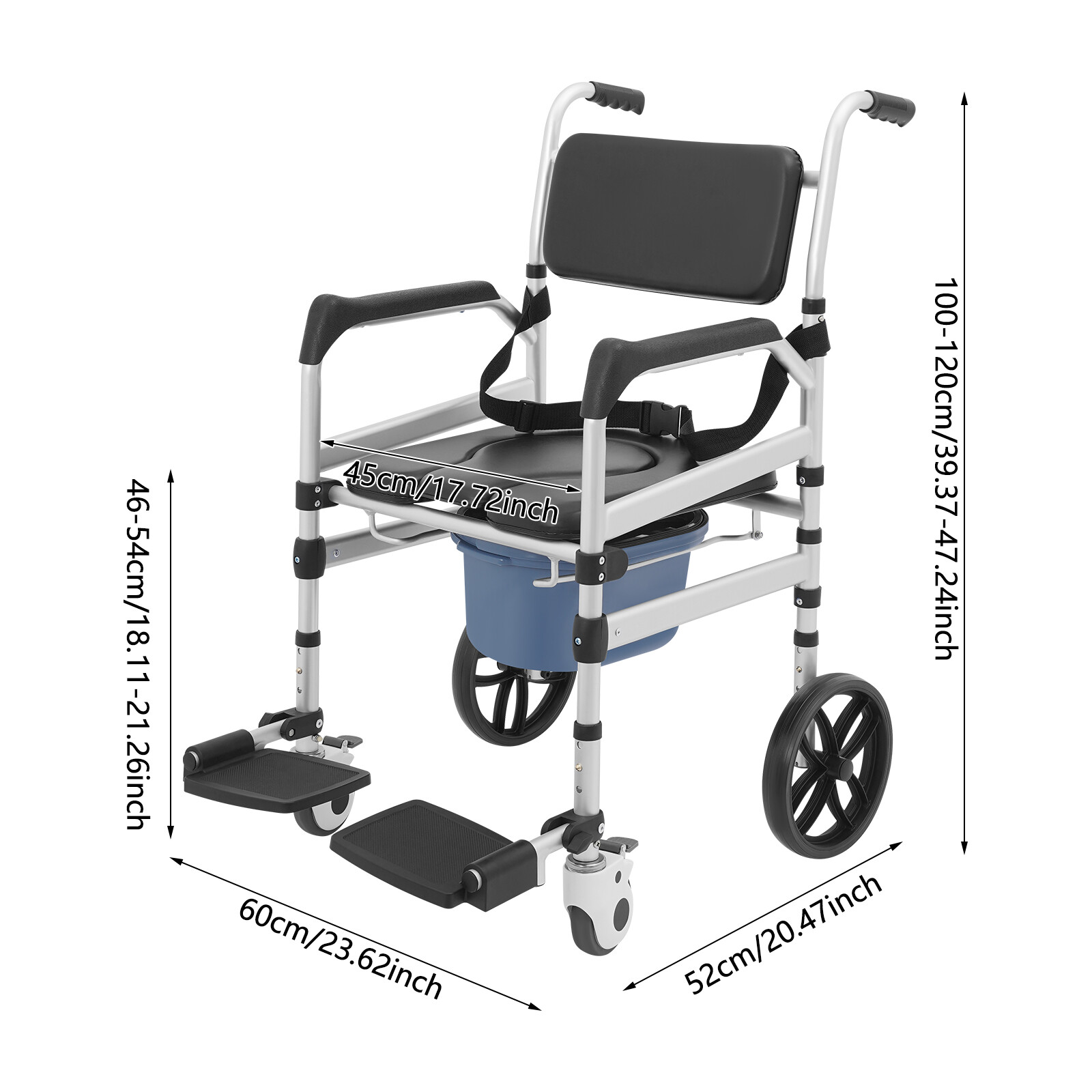 Foldable Shower Rolling Chair Adjustable Seat Folding Bath Wheelchair w/ Wheels