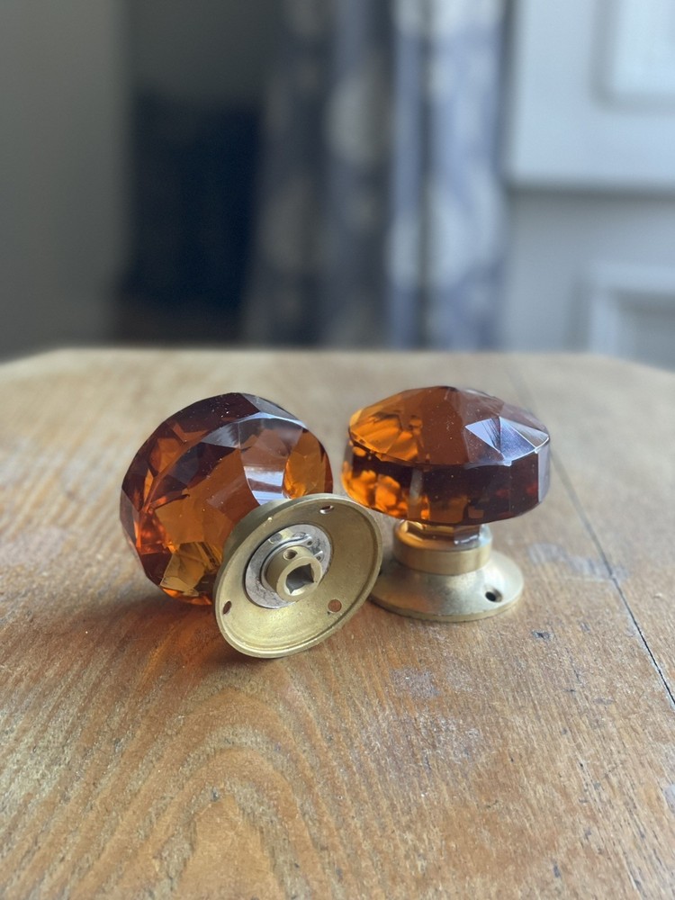 2 x Brass And Amber Glass Door Knobs, Handles Pair