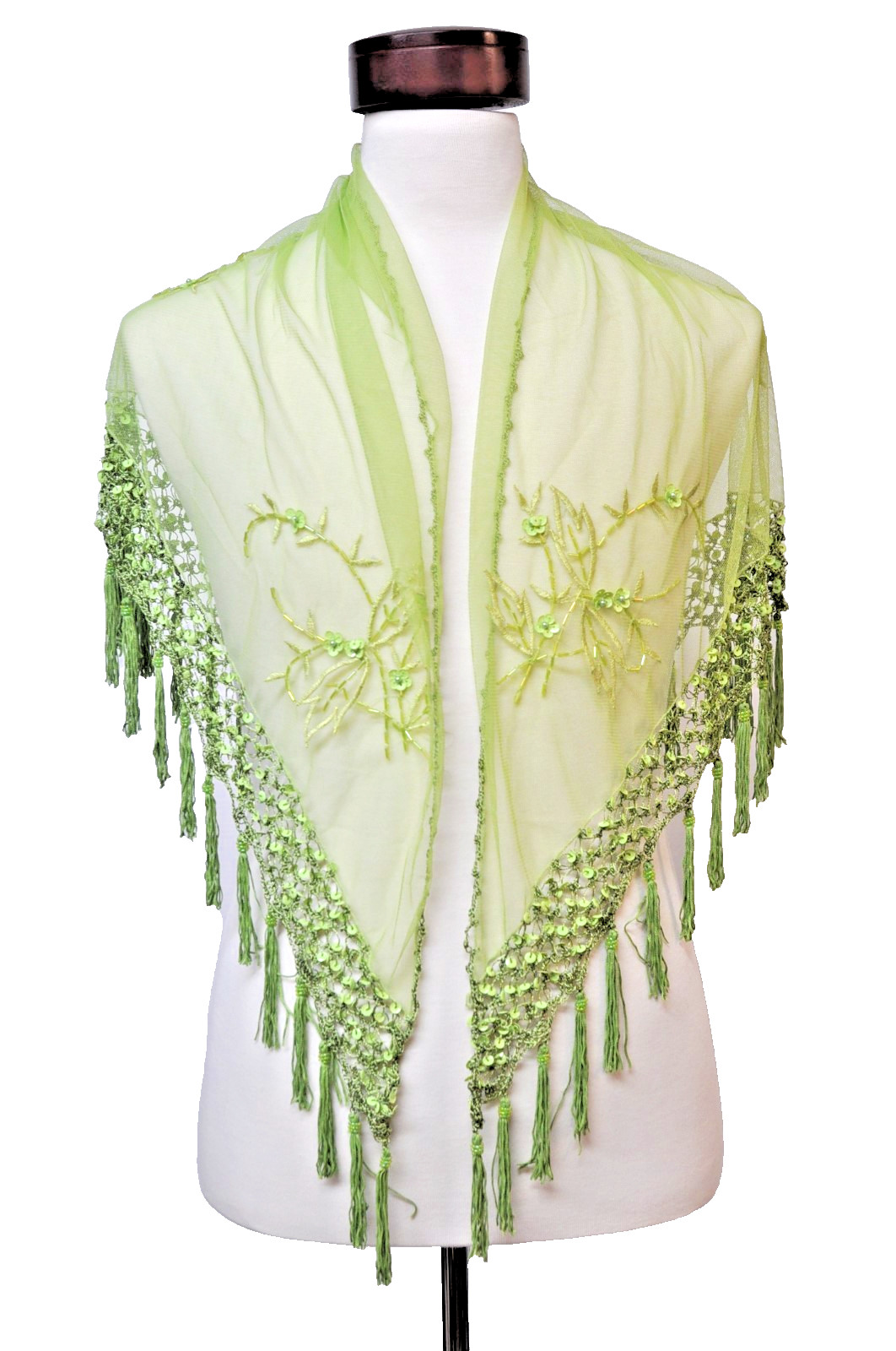Lady's green   color triangle beaded embroidery shawl with tassel
