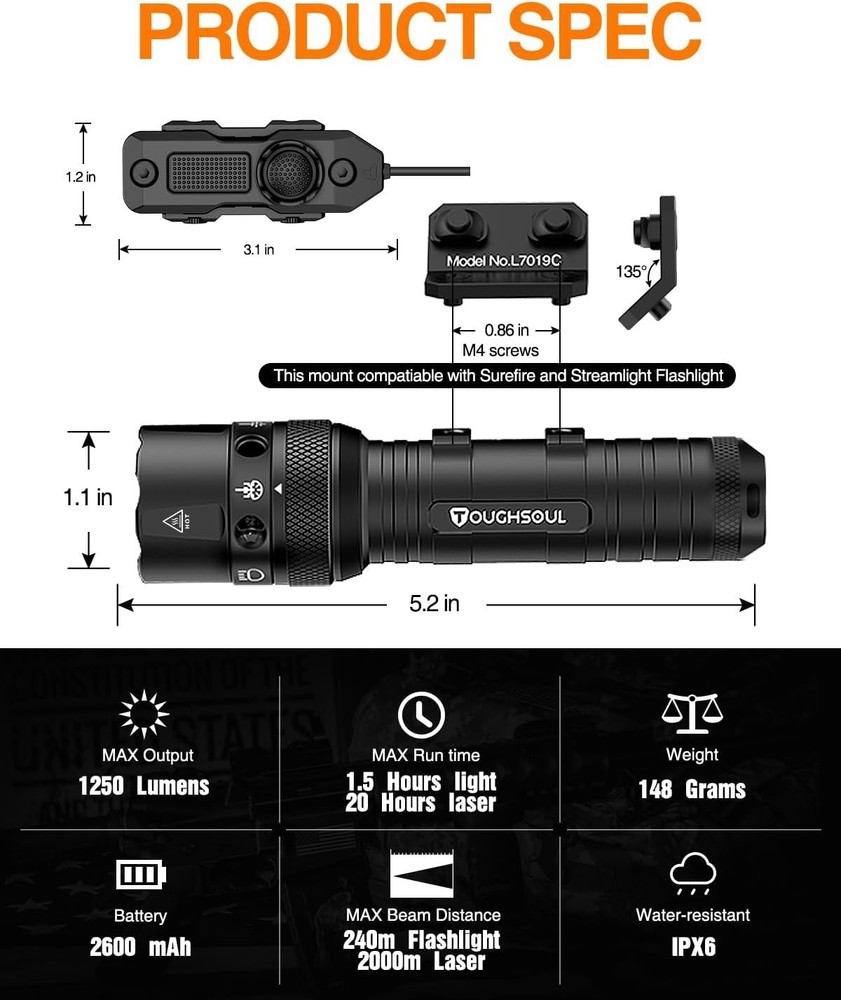 Rechargeable Mlok Tactical Flashlight with 240m Range & Waterproof Design