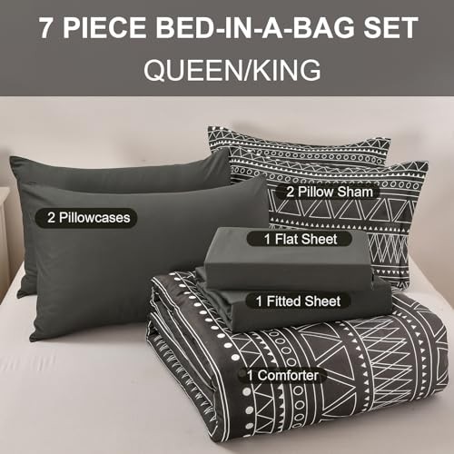 Boho Comforter Set Queen Size 7 Piece Stripe Gradient Queen 90“×90” Black Grey
