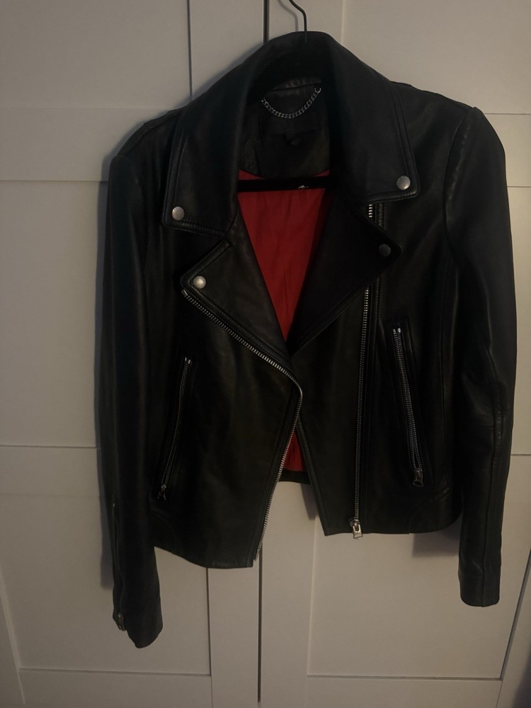 RAG & BONE Black Leather Moto Jacket Red Lining - Size Medium
