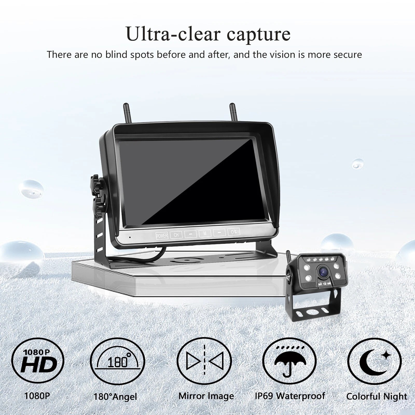 1080P Backup Camera System Wireless 7'' Monitor for RV Trailer Truck Camper Bus