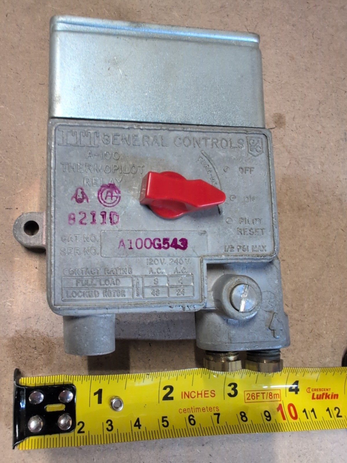 ITT General Controls, Thermopilot Relay, Manual Reset, SPST, A100G543