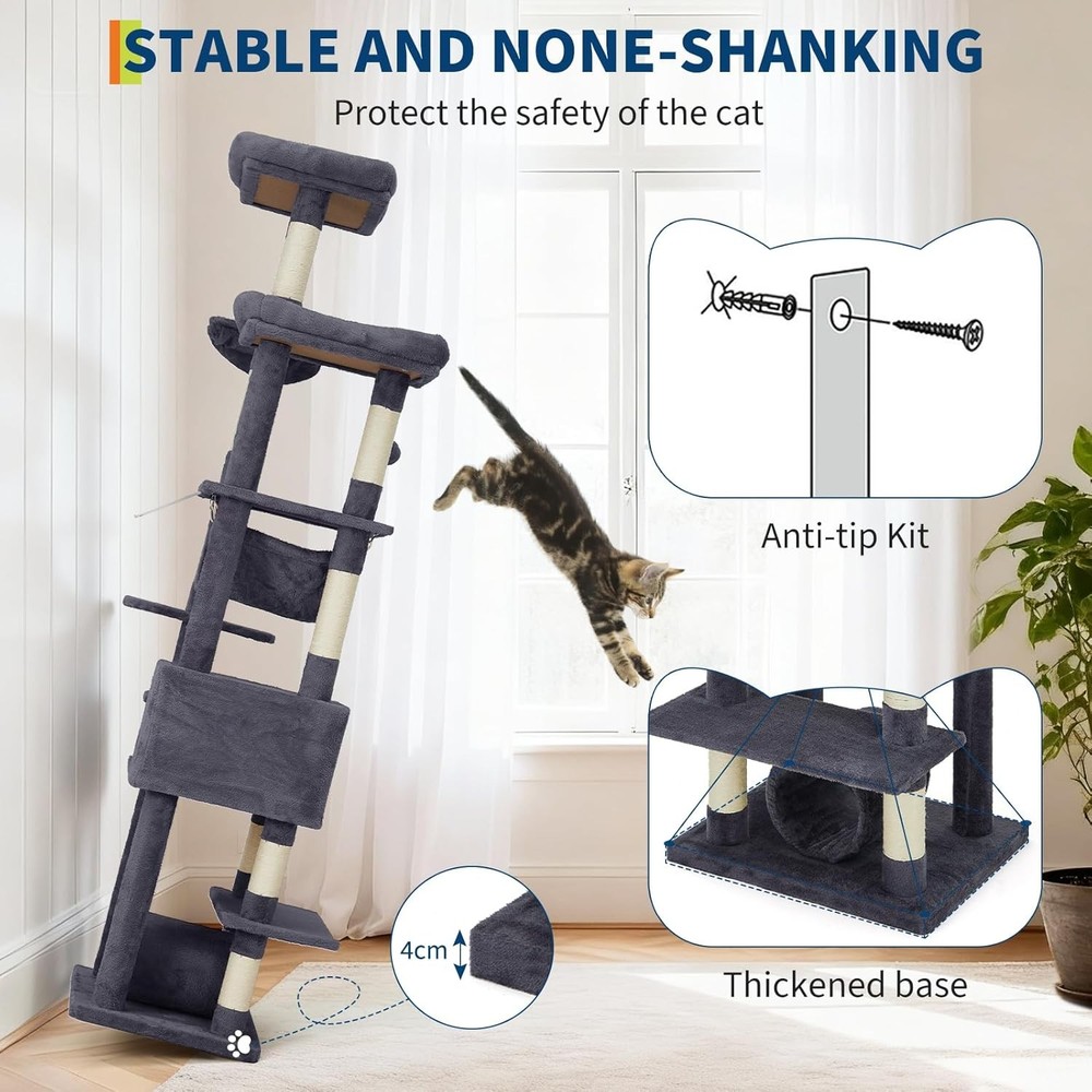 74" Large Cat Tree Multi-Level Tower with Scratching Post Condo Perches Hammock