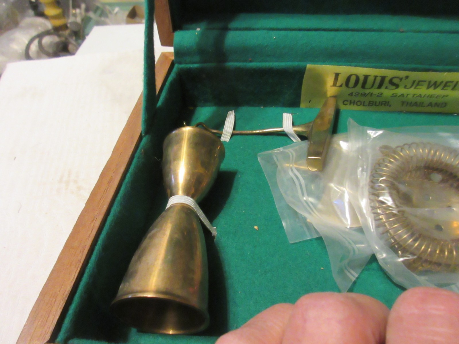 Vintage Cocktail Tool Kit Bar Set Teak Case Bronzeware 9 pc Thailand Nice