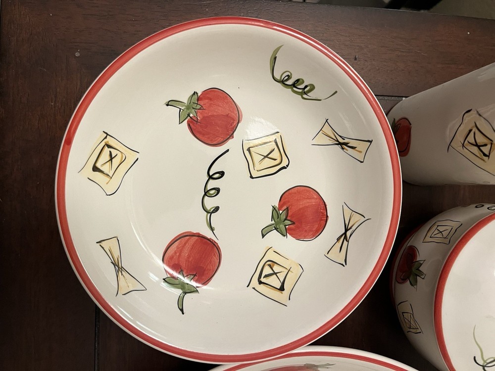 Everything Kitchen Ceramic Pasta Dinner Set Tomato & Pasta Pattern Bowls Plates