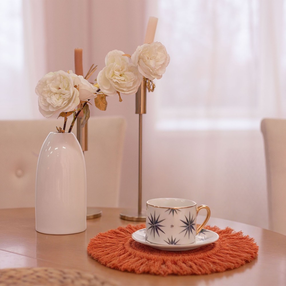 4Pcs Boho Coasters, Woven Drink Coasters with Tassel, Light Brown