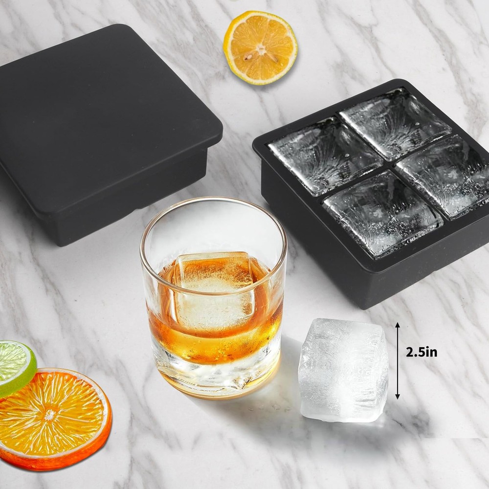 Large Silicone Ice Cube Tray with Lid (2.5-Inches), Stackable Square Ice Cube...