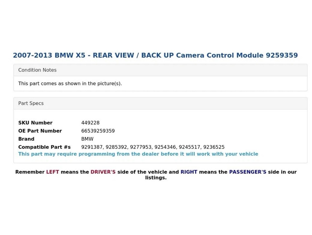 🚘 2007-2013 BMW E70 X5 X5M - REAR VIEW / BACK UP Camera Control Module 9245517