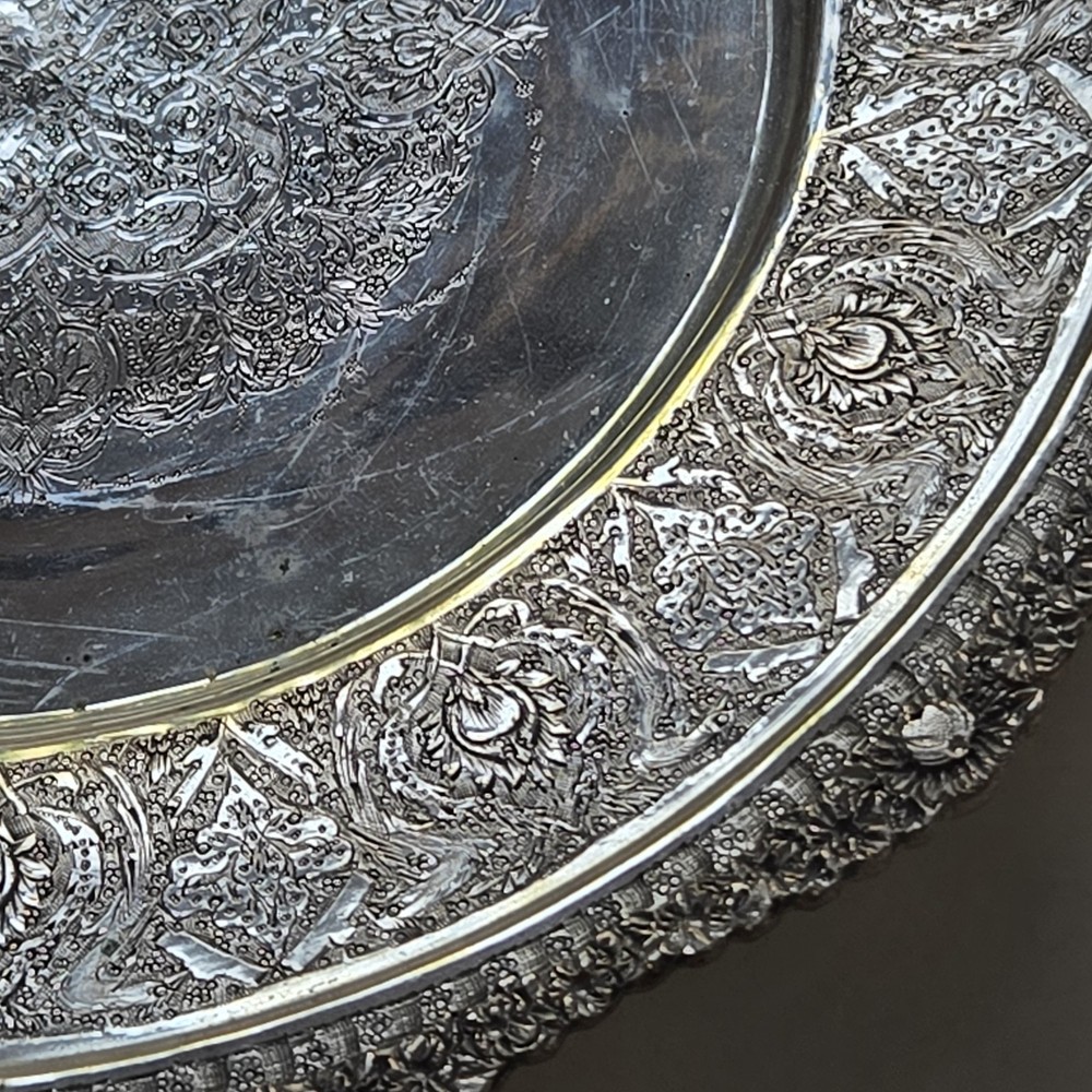 EXCEPTIONAL GENUINE ANTIQUE MIDDLE EASTERN SILVER ROUND TRAY DISH