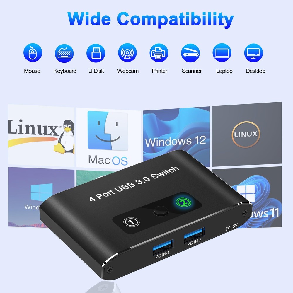 USB Switch, USB Switcher 2 Computers, USB 3.0 Switch Sharing 4 USB Devices KV...