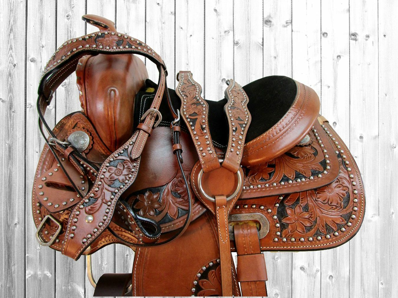 WESTERN BARREL SADDLE YOUTH KIDS PLEASURE TOOLED LEATHER HORSE TACK SET 12 13