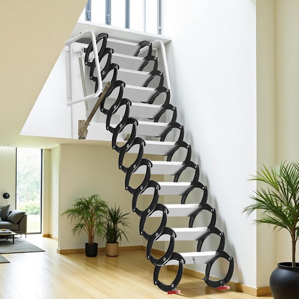 12 Steps Pull Down Attic Stairs Retractable Attic Ladder Folding Stairs White
