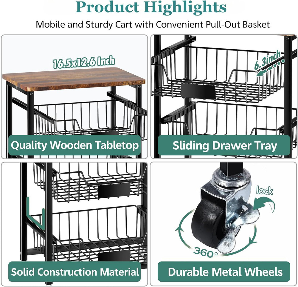 5-Tier Vegetable Fruit Basket Kitchen Storage Rolling Cart on Wheels with Pull-O