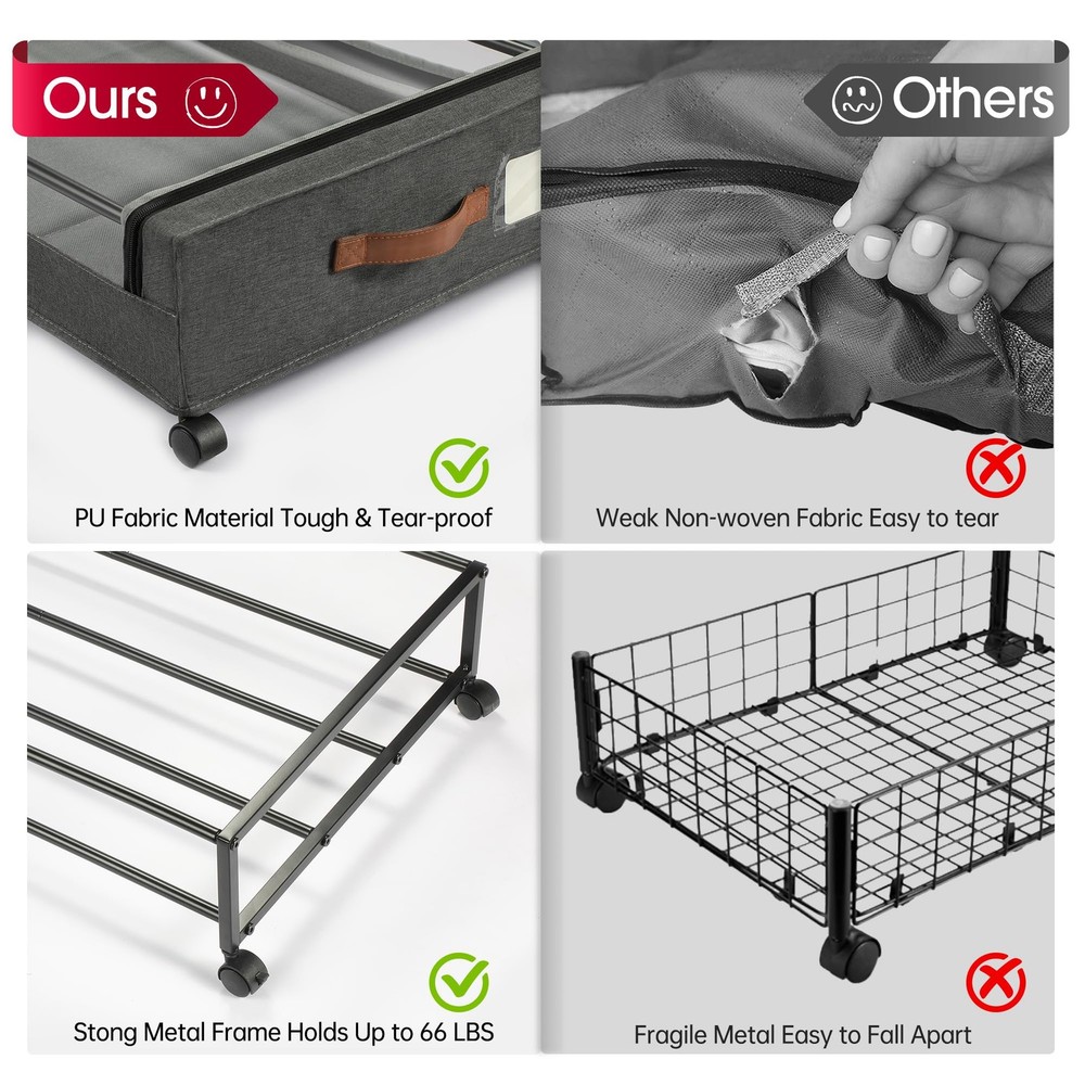 Under Bed Storage with Wheels, 2Pack Under Bed Storage Containers, Underbed S...