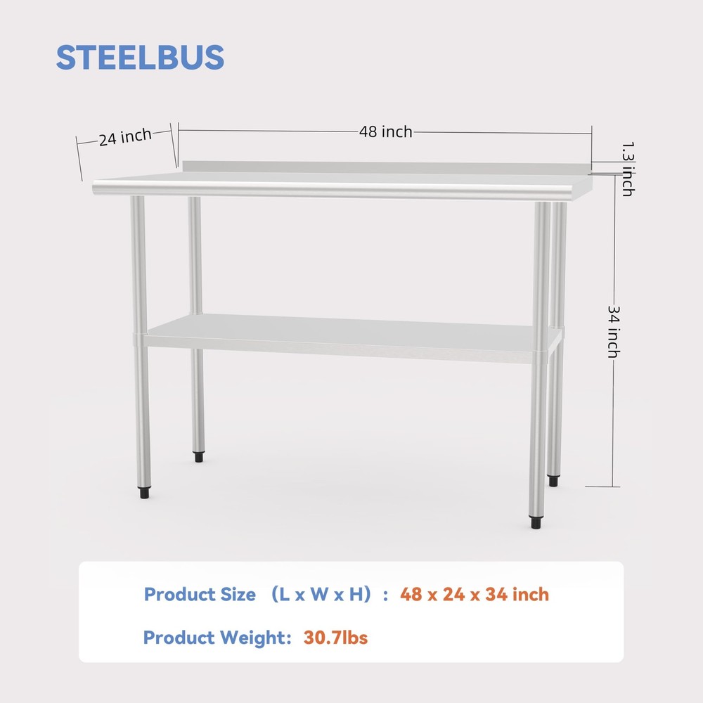 Stainless Steel Table (Backboard Table+Adjustable Legs, 24 x 48 Inch)