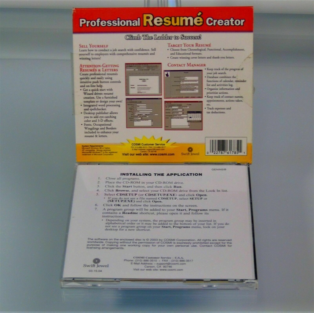Professional Resume Creator COSMI 2003 PC CD ROM Software