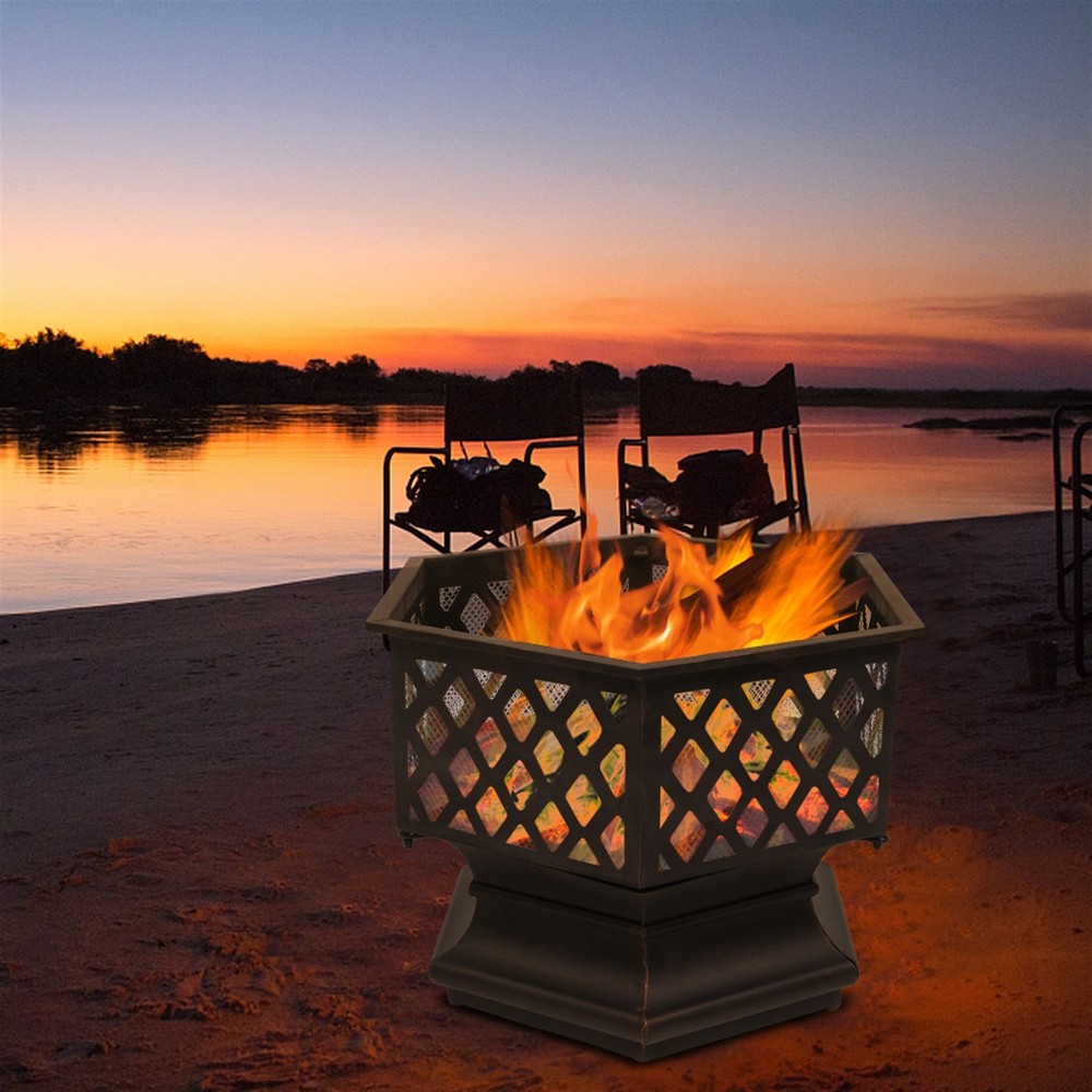 22" Hexagonal Shaped Iron Brazier Wood Burning Fire Pit Decoration