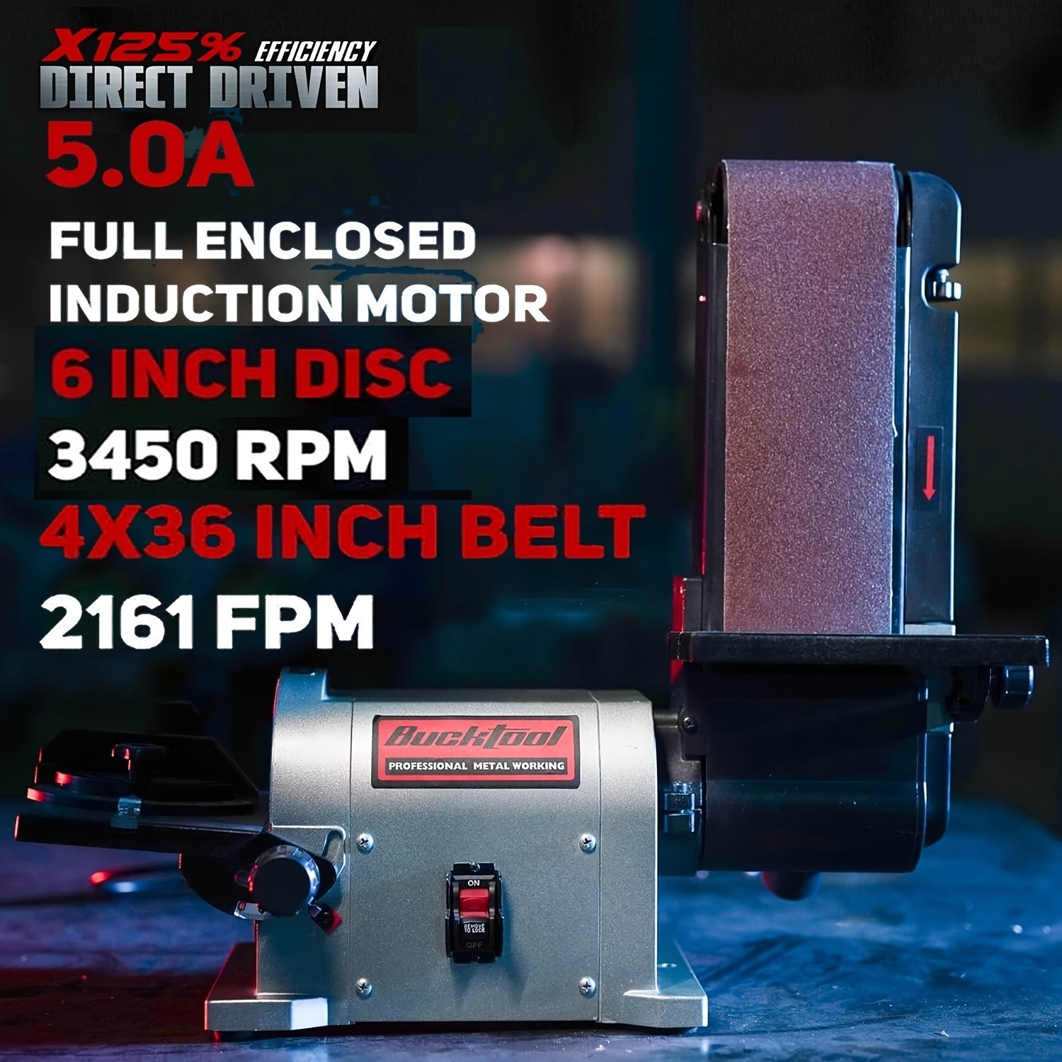 BUCKTOOL 3/4HP 5.0A Belt Disc Sander 4 in x 36 in Belt and 6 in Disc Sander