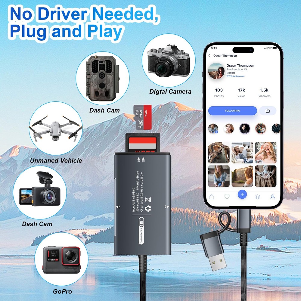 SD Card Reader USB C & Dual Interface, 4 in 1 SD/TF/CF/MS 4 Slots